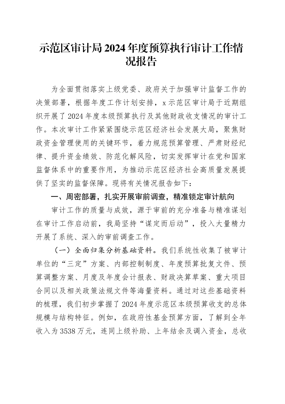 示范区审计局2024年度预算执行审计工作情况报告_第1页