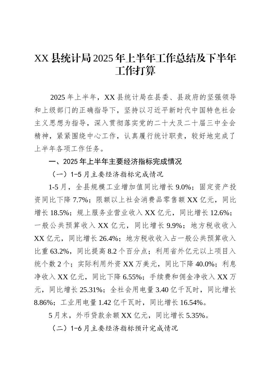 XX县统计局2025年上半年工作总结及下半年工作打算_第1页