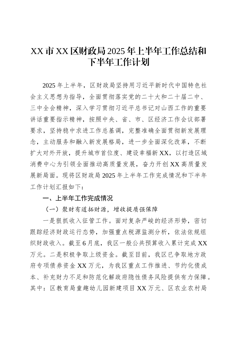XX市XX区财政局2025年上半年工作总结和下半年工作计划_第1页