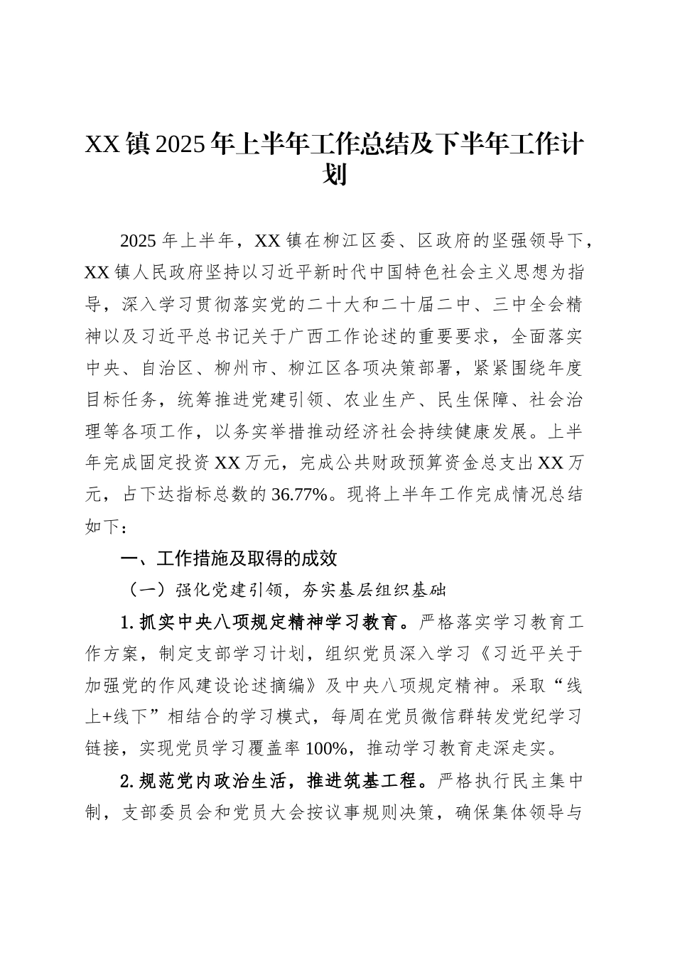 XX镇2025年上半年工作总结及下半年工作计划_第1页