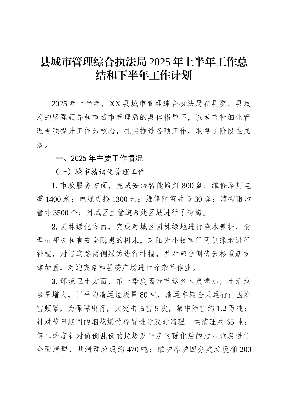 县城市管理综合执法局2025年上半年工作总结和下半年工作计划_第1页