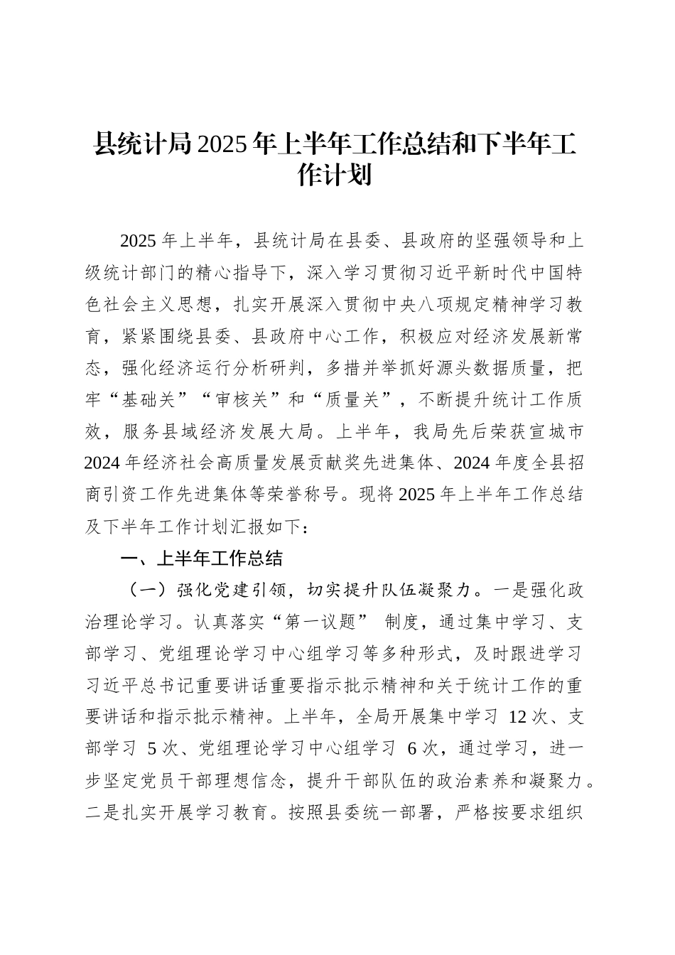 县统计局2025年上半年工作总结和下半年工作计划_第1页
