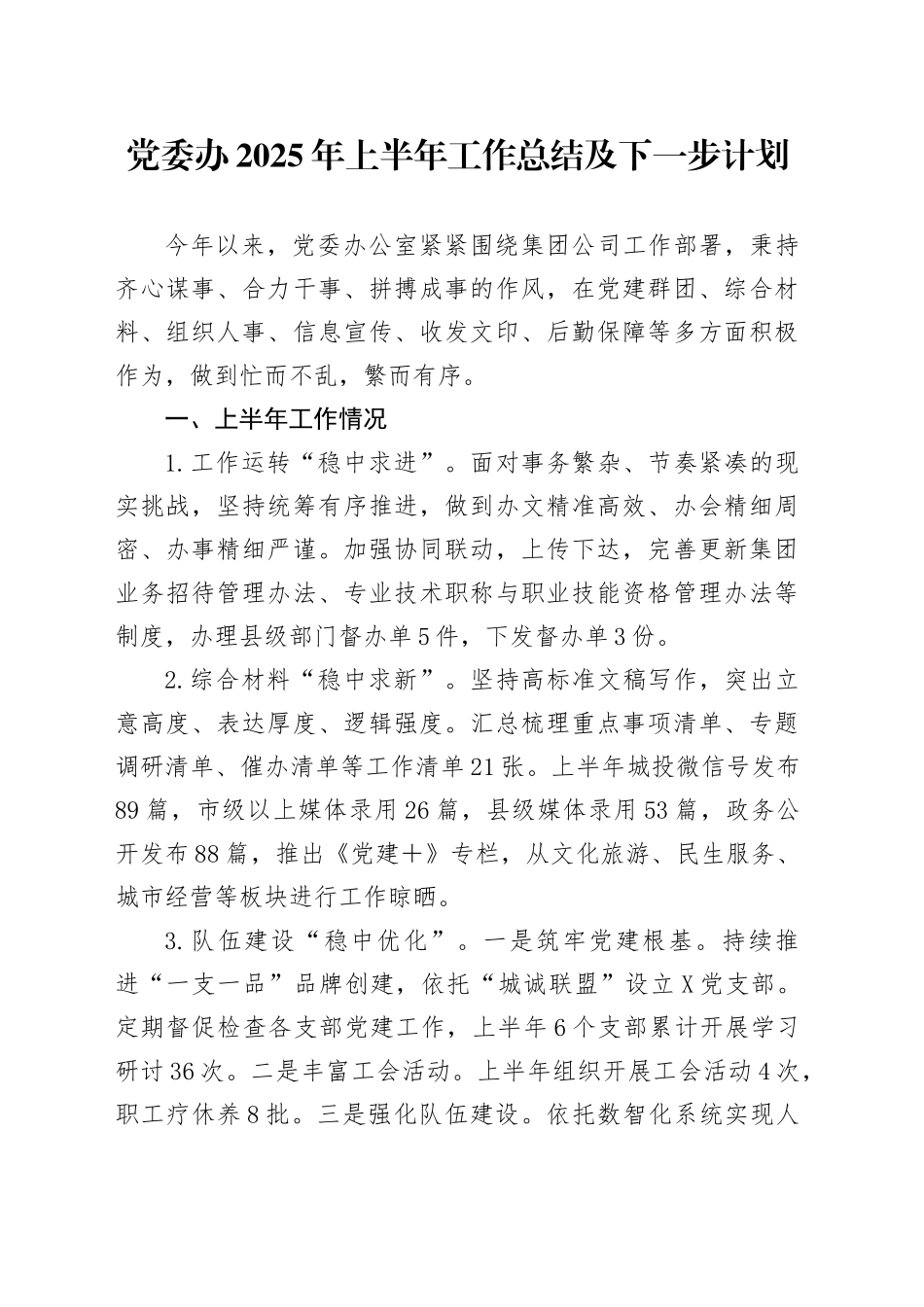 党委办2025年上半年工作总结及下一步计划_第1页