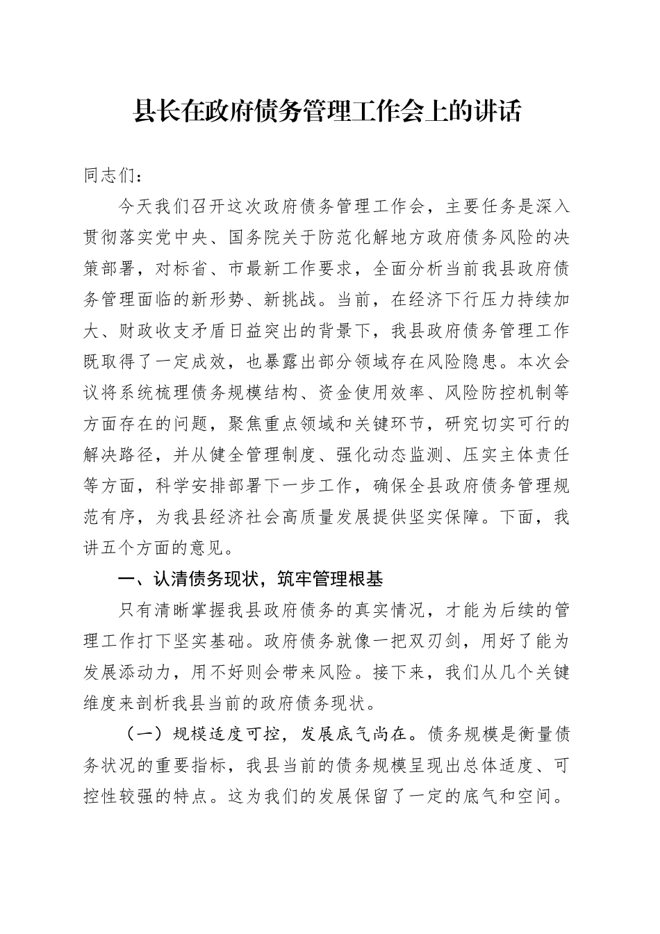 县长在政府债务管理工作会上的讲话_第1页