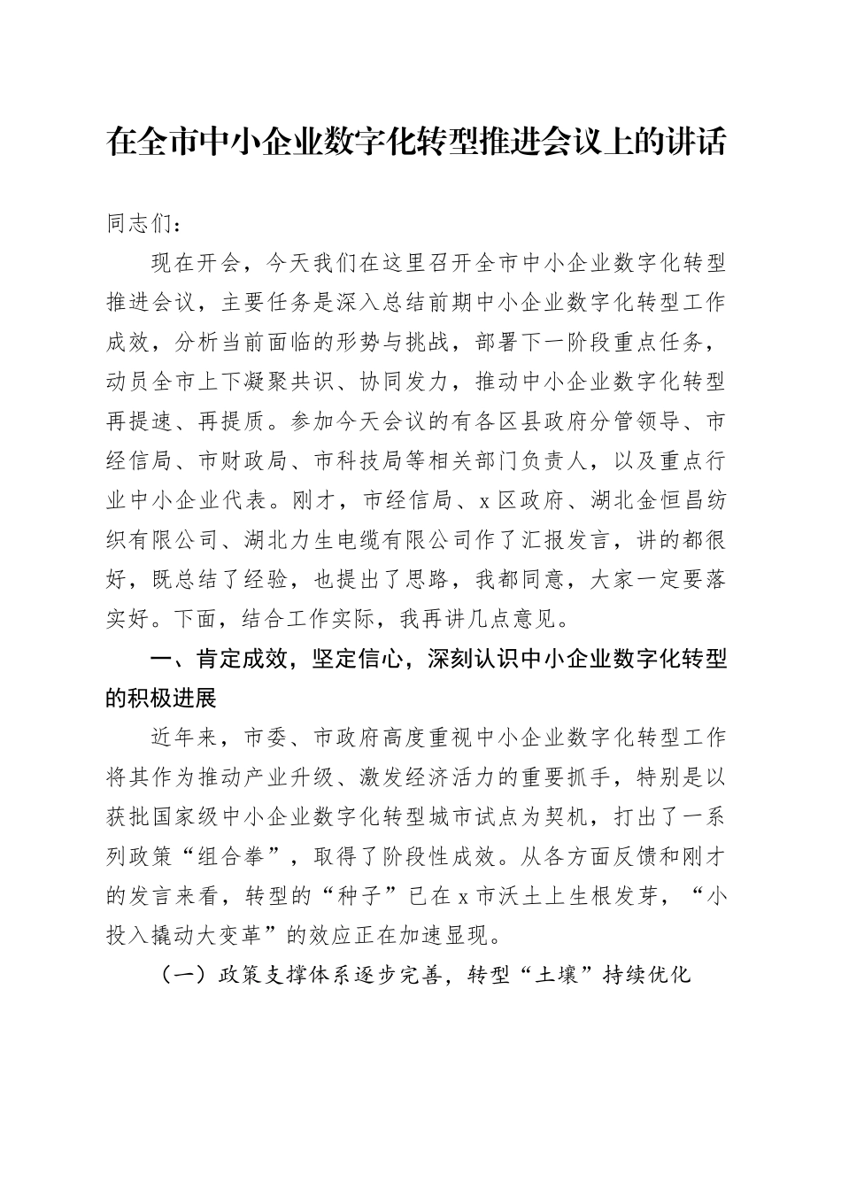 在全市中小企业数字化转型推进会议上的讲话_第1页