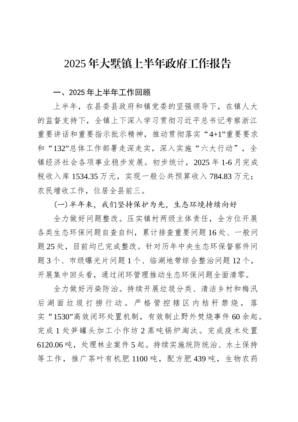 2025年大墅镇上半年政府工作报告_第1页