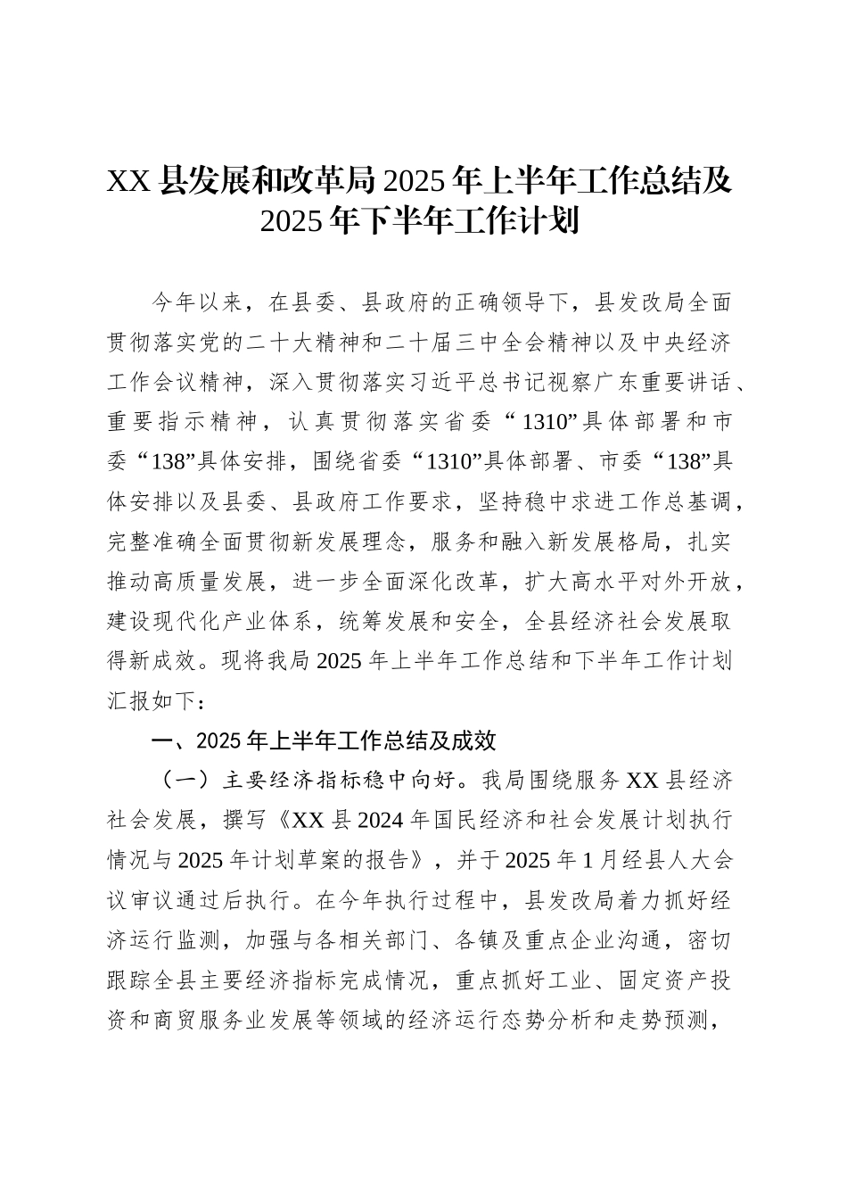 XX县发展和改革局2025年上半年工作总结及2025年下半年工作计划_第1页