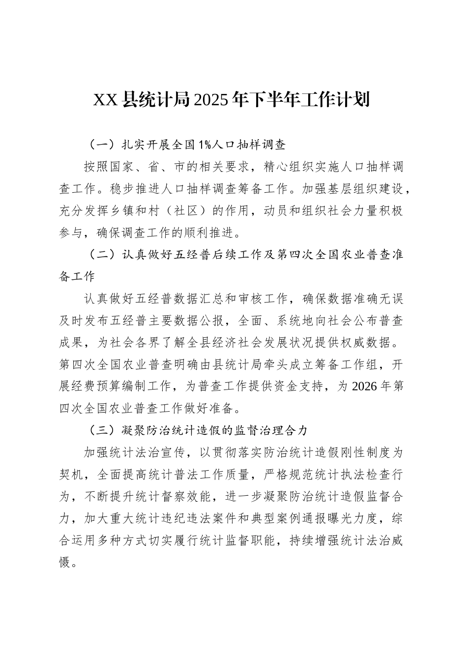 XX县统计局2025年下半年工作计划_第1页