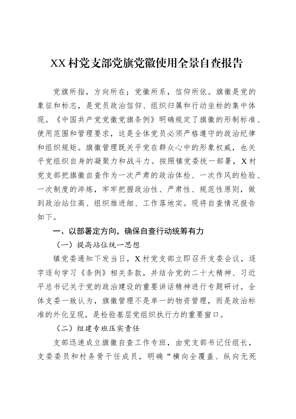 XX村党支部党旗党徽使用全景自查报告_第1页