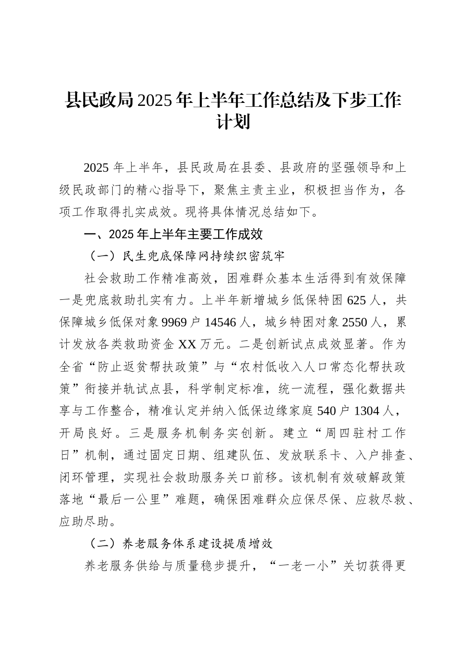 县民政局2025年上半年工作总结及下步工作计划_第1页