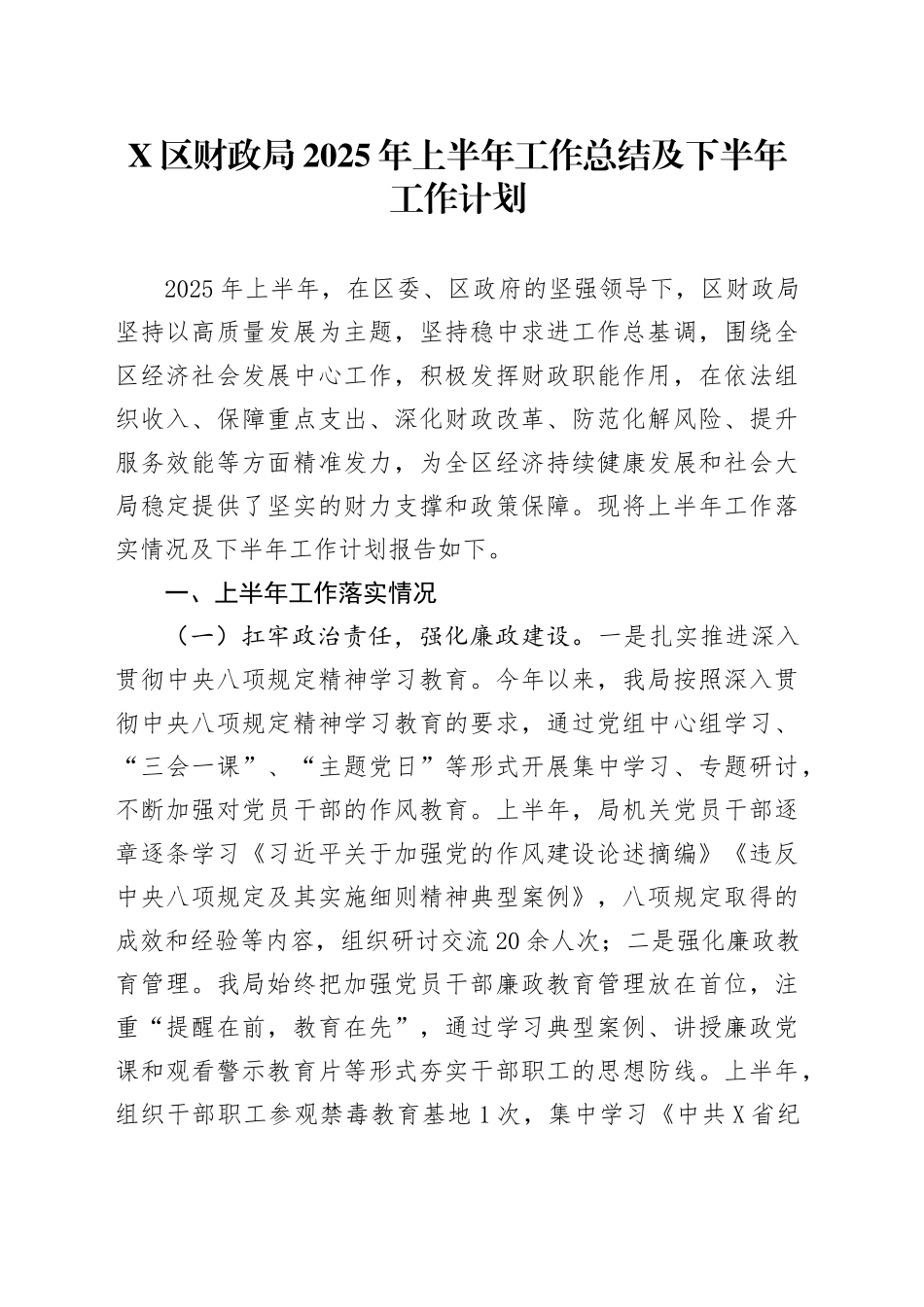 X区财政局2025年上半年工作总结及下半年工作计划_第1页