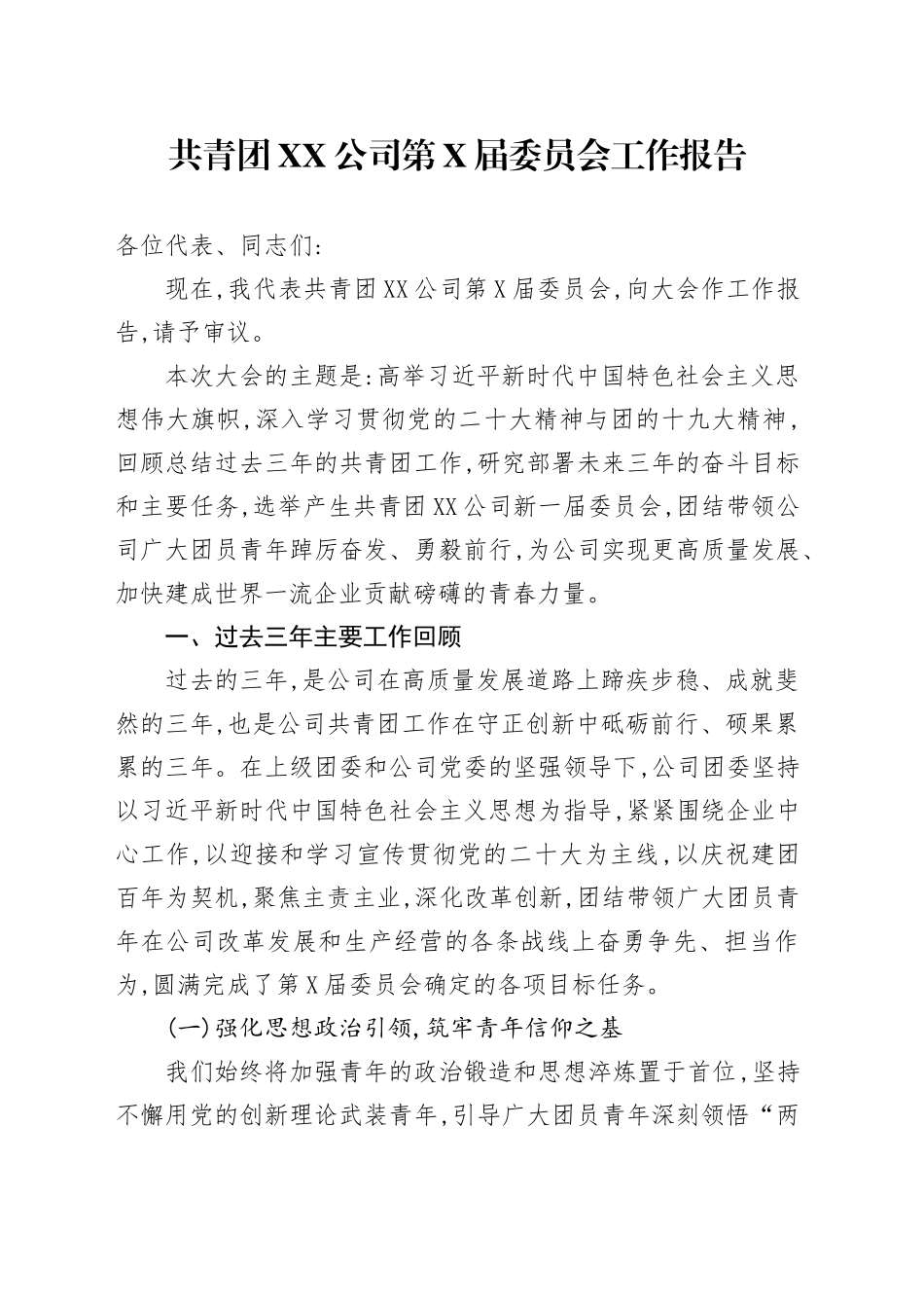 共青团XX公司第X届委员会工作报告_第1页