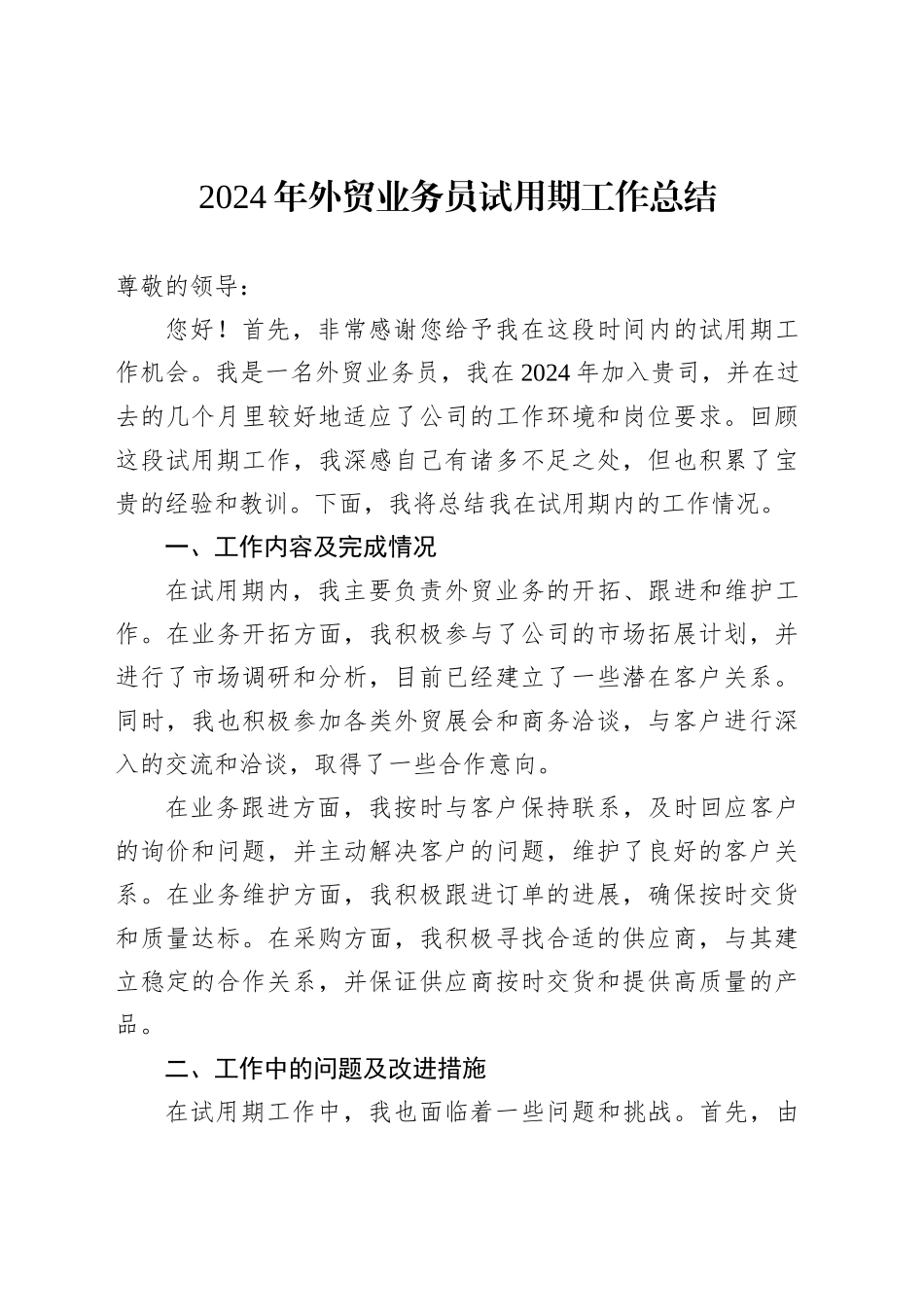 2024年外贸业务员试用期工作总结范文_第1页