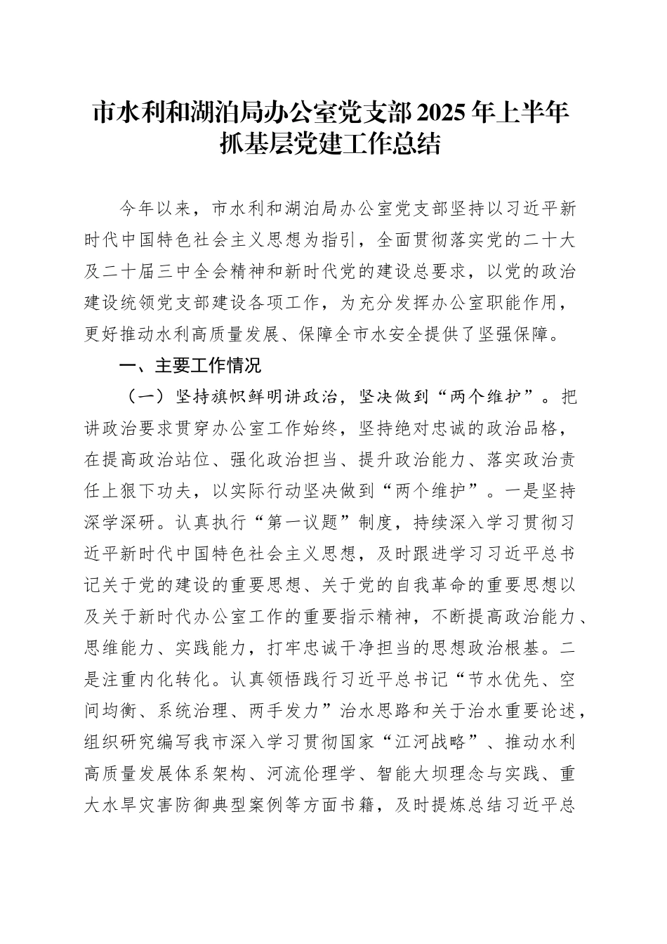 市水利和湖泊局办公室党支部2025年上半年抓基层党建工作总结_第1页