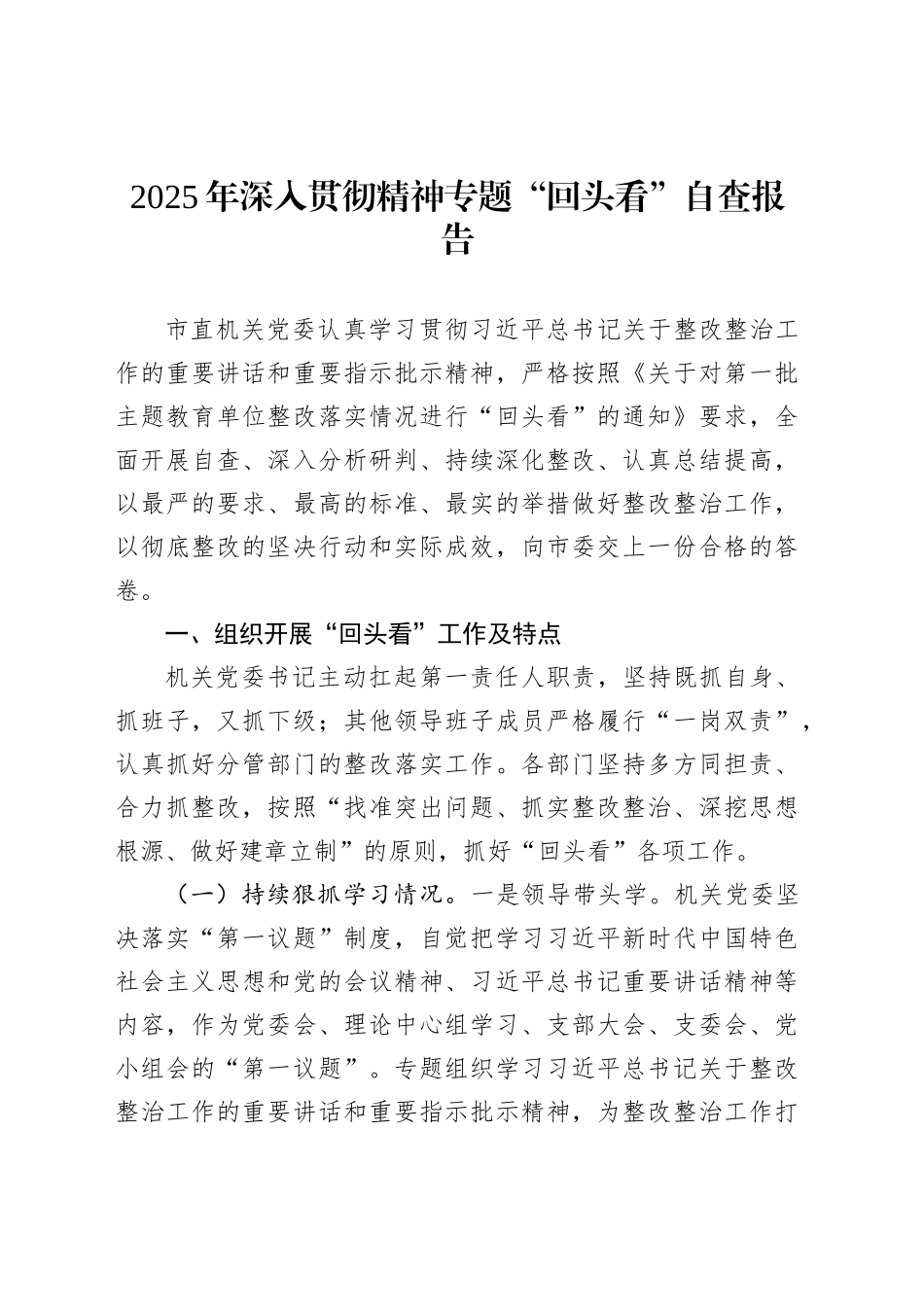 2025年深入贯彻精神专题“回头看”自查报告_第1页