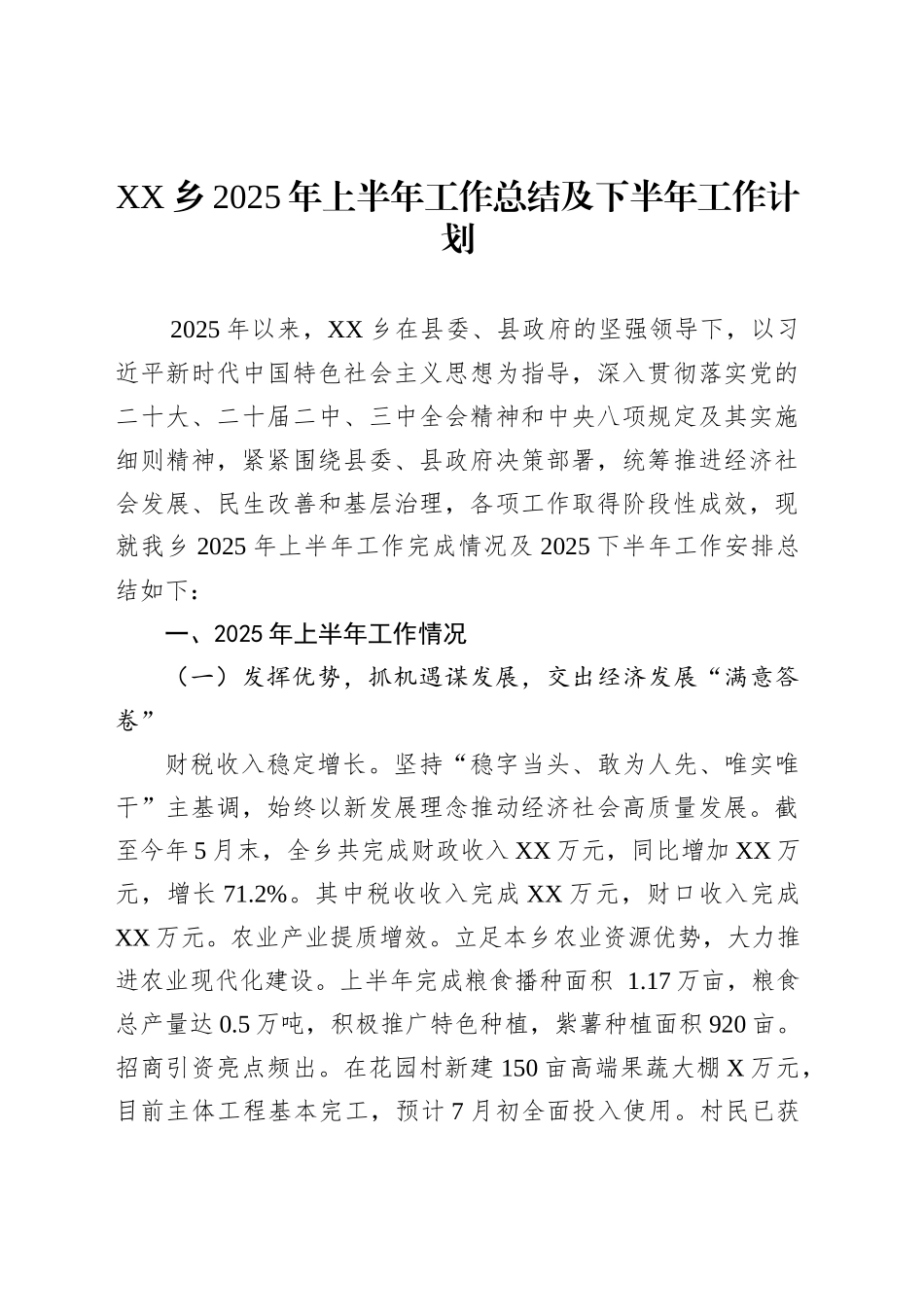 XX乡2025年上半年工作总结及下半年工作计划_第1页