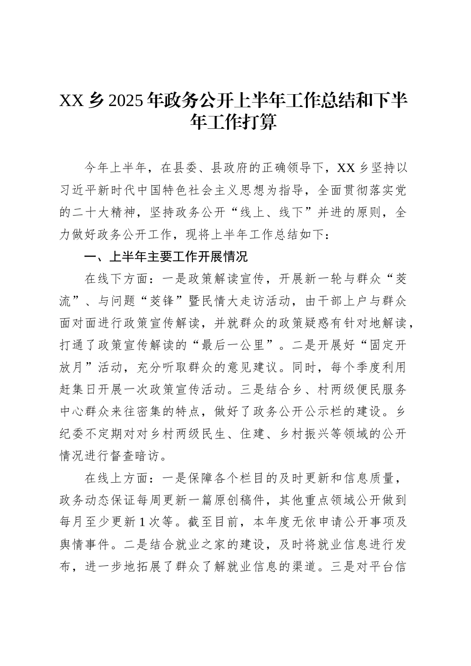 XX乡2025年政务公开上半年工作总结和下半年工作打算_第1页