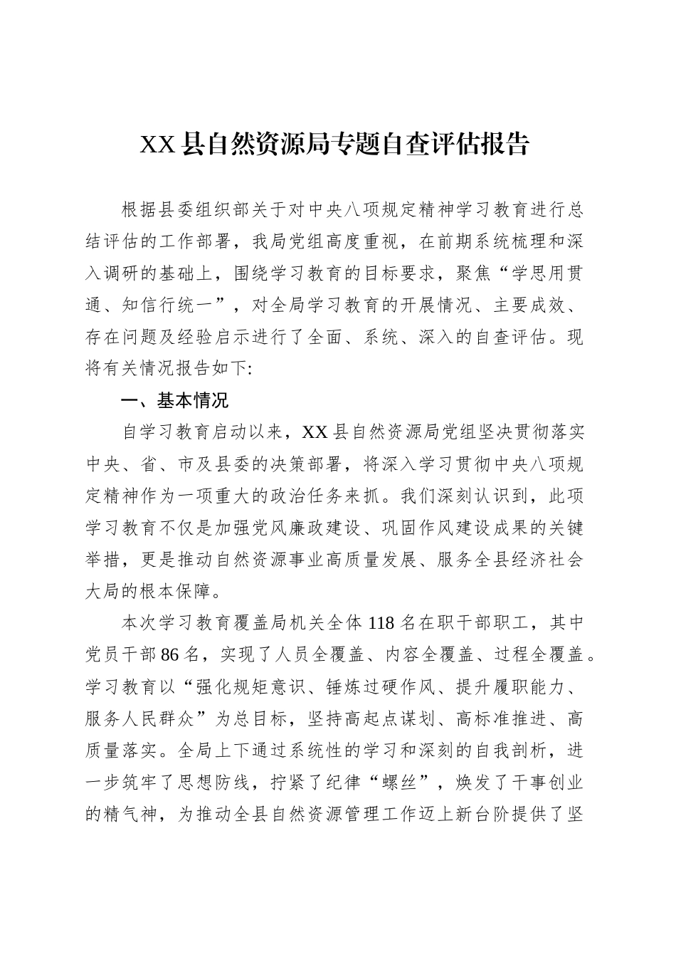 XX县自然资源局专题自查评估报告_第1页