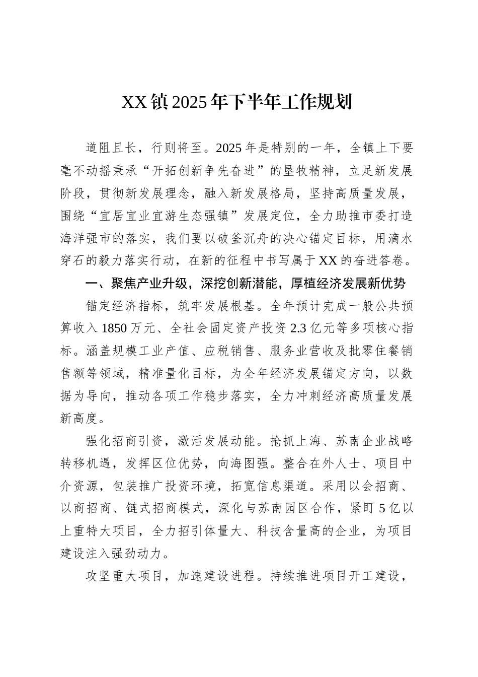 XX镇2025年下半年工作规划_第1页