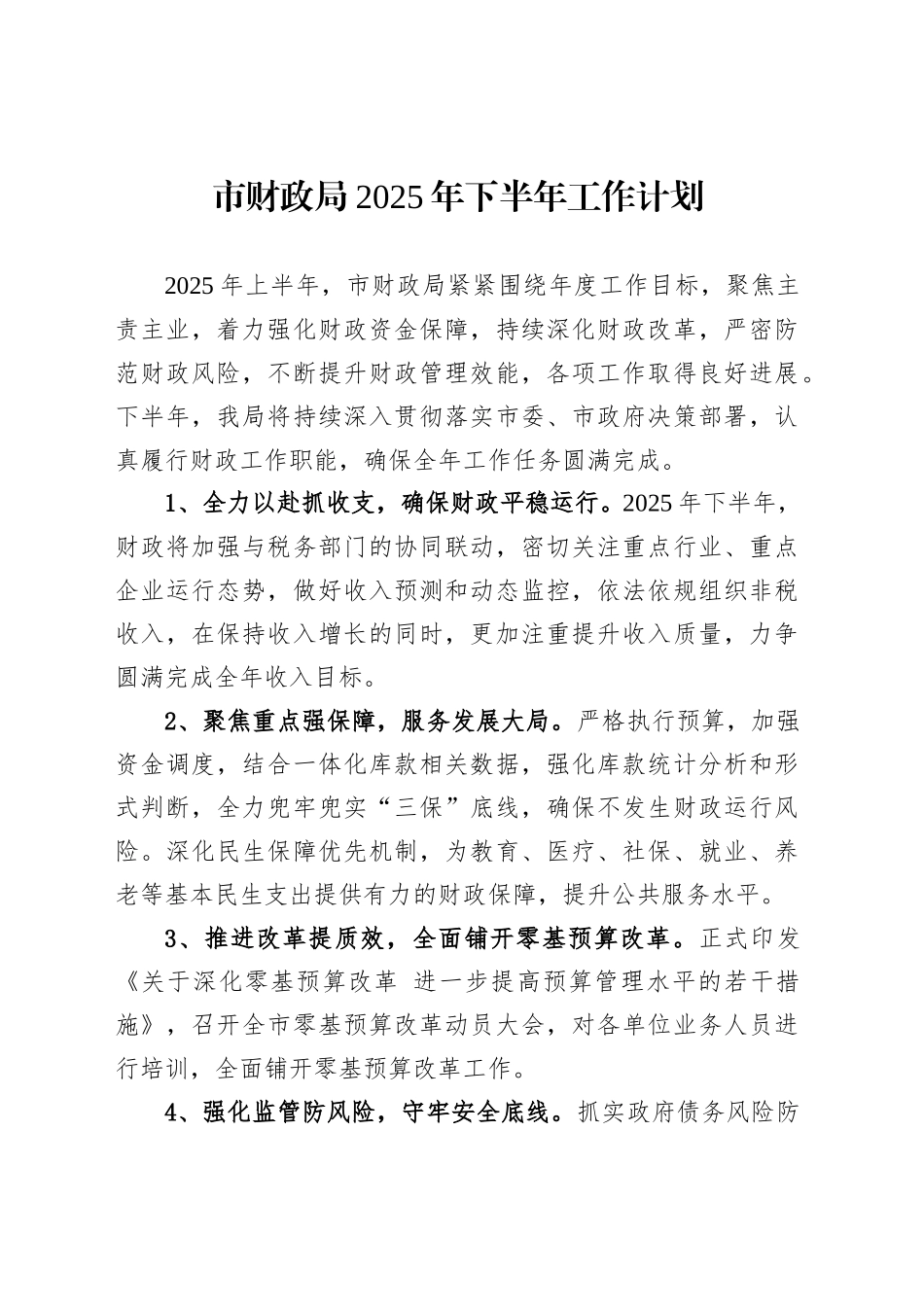 市财政局2025年下半年工作计划_第1页