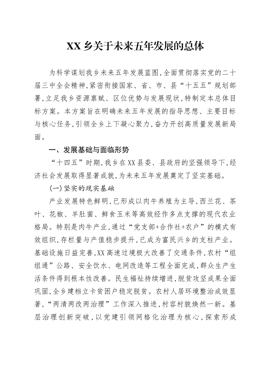 XX乡关于未来五年发展的总体_第1页