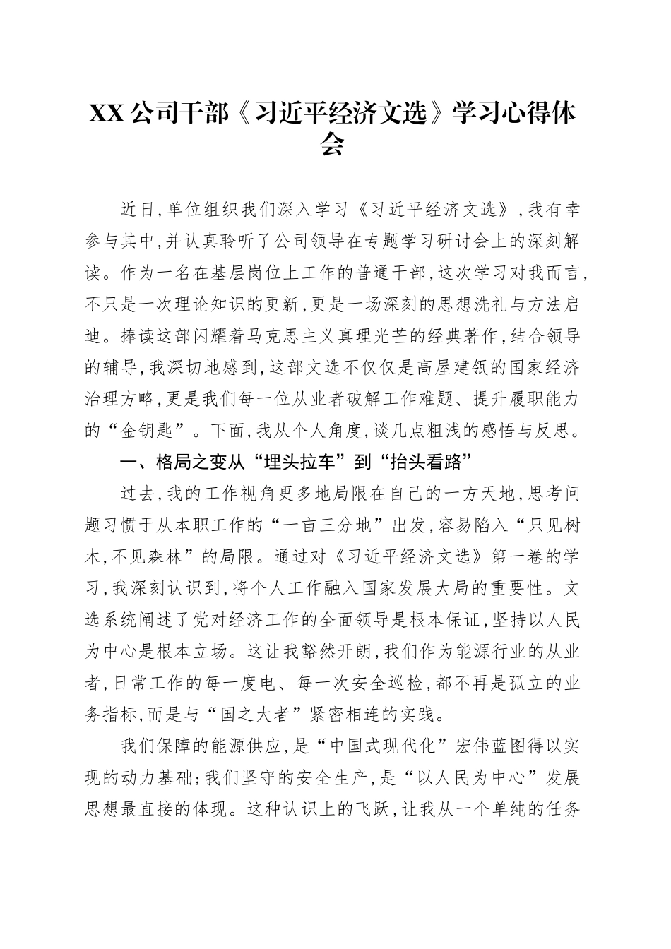XX公司干部《习近平经济文选》学习心得体会_第1页