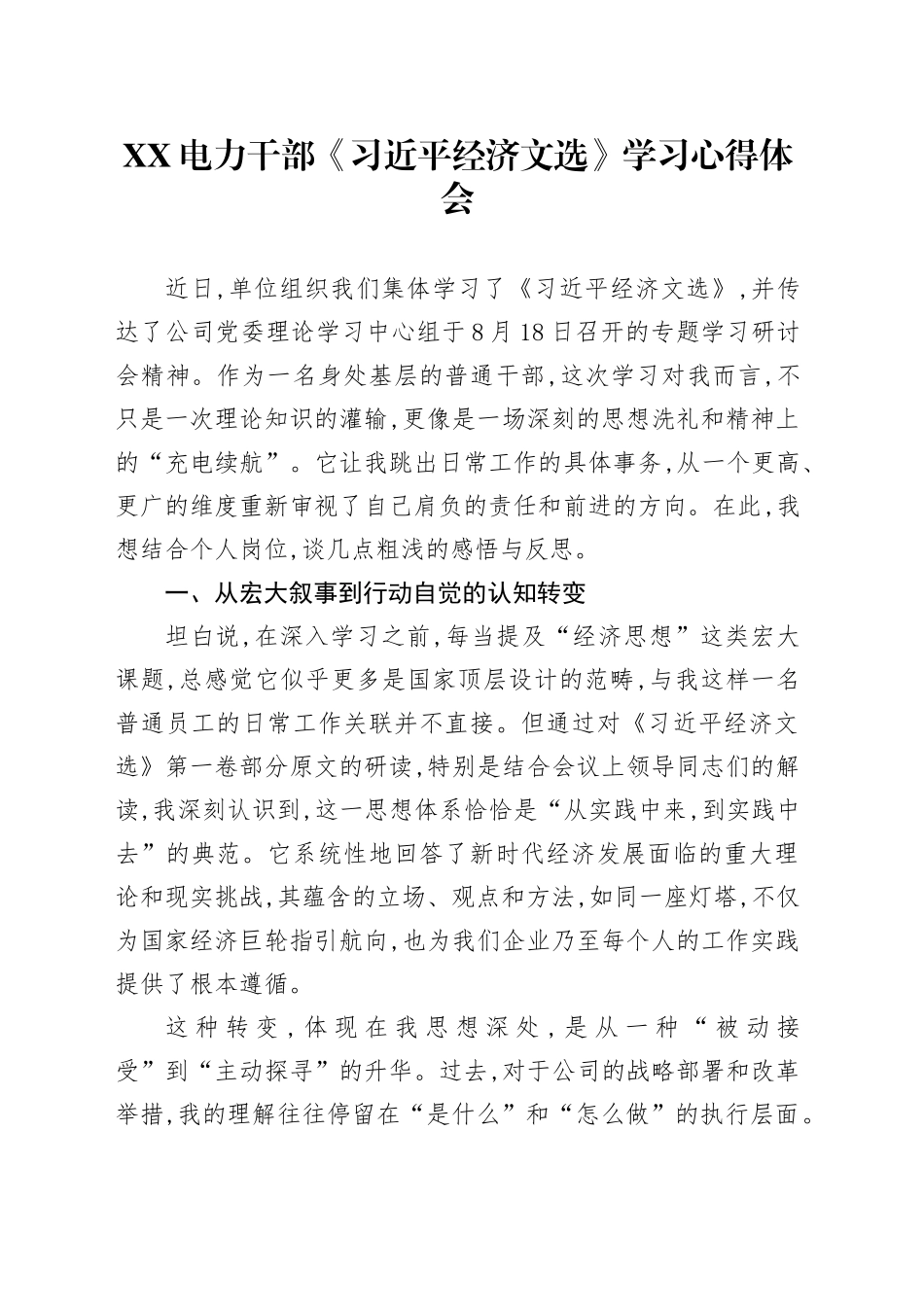XX电力干部《习近平经济文选》学习心得体会_第1页