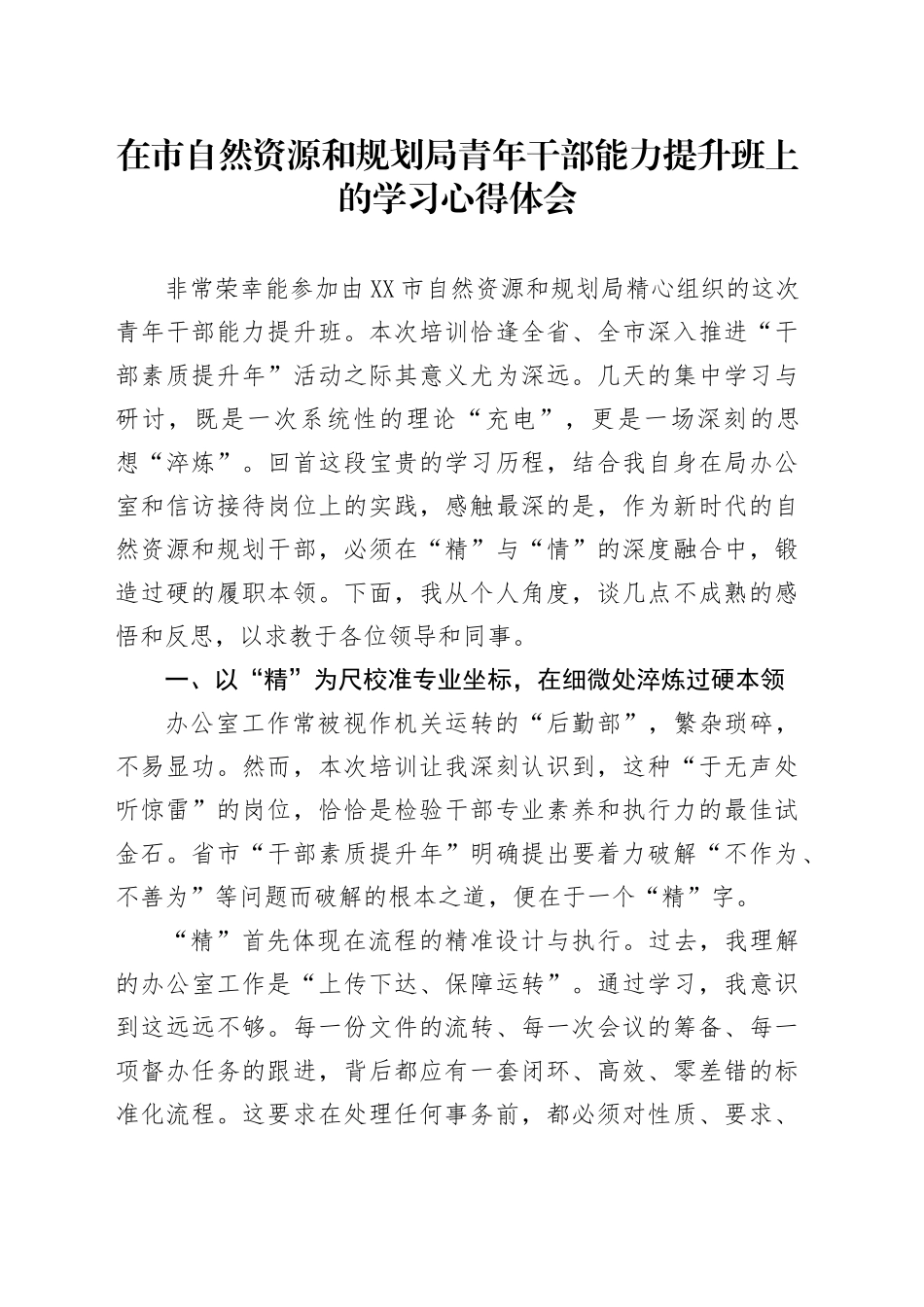 在市自然资源和规划局青年干部能力提升班上的学习心得体会_第1页
