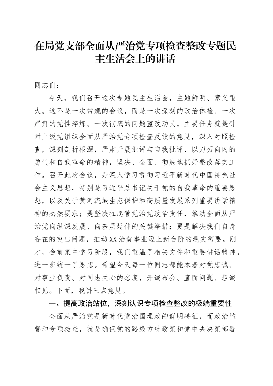 在局党支部全面从严治党专项检查整改专题民主生活会上的讲话_第1页