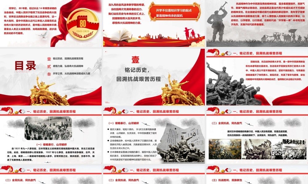 学校党课PPT课件：弘扬伟大抗战精神，书写无愧于时代的青春篇章（4800字，37张。开学第一课）