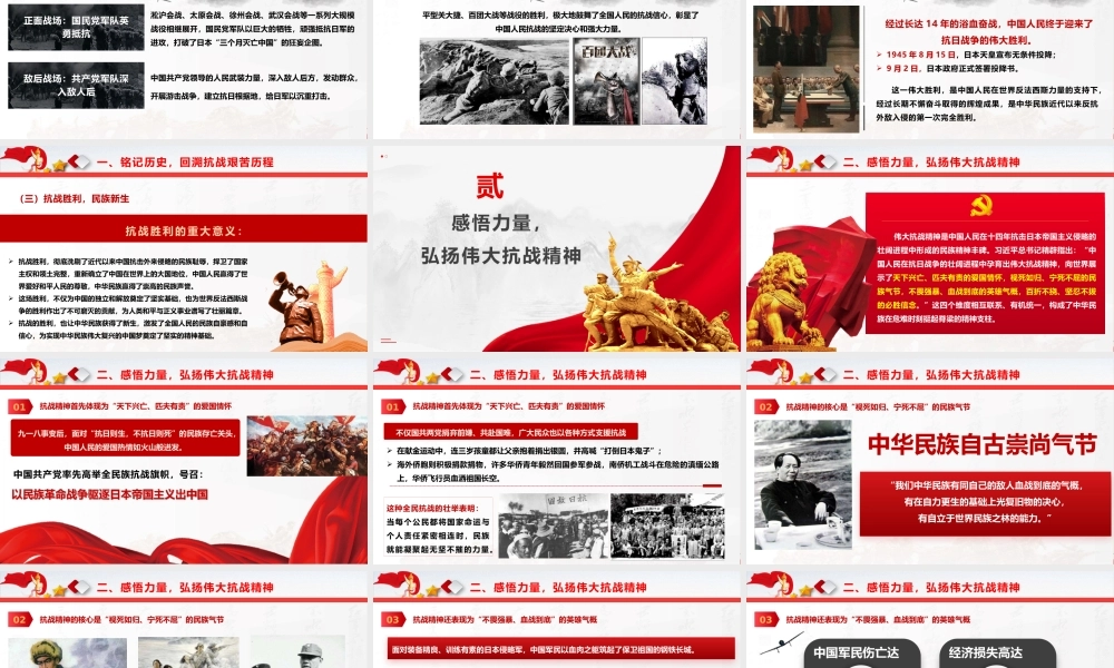 学校党课PPT课件：弘扬伟大抗战精神，书写无愧于时代的青春篇章（4800字，37张。开学第一课）
