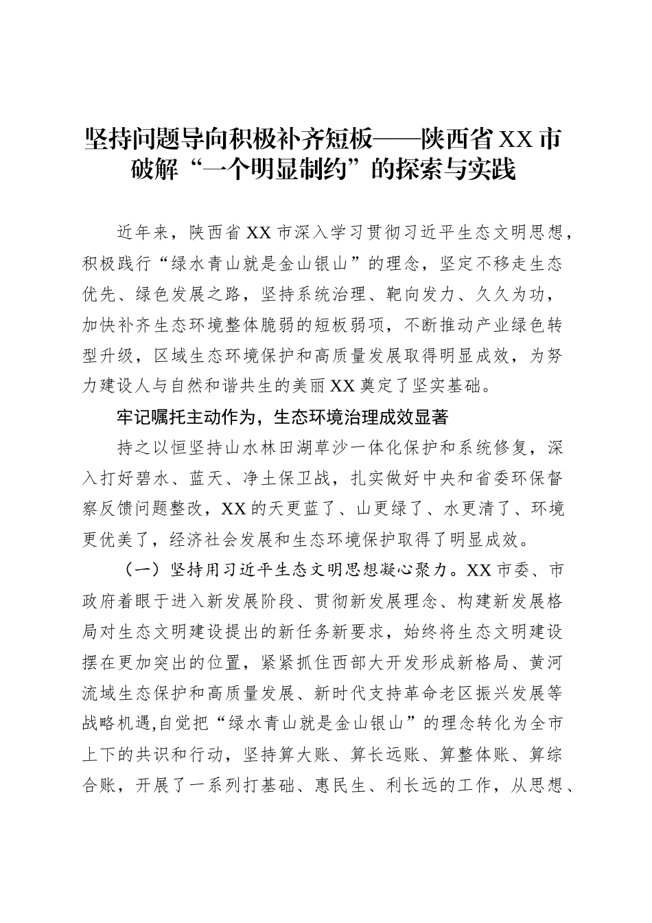 坚持问题导向积极补齐短板——陕西省XX市破解“一个明显制约”的探索与实践_第1页