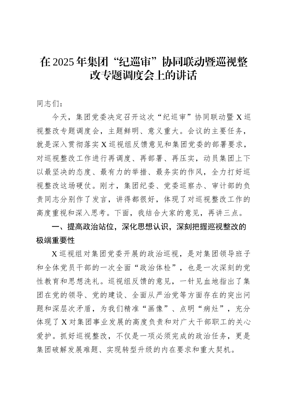在2025年集团“纪巡审”协同联动暨巡视整改专题调度会上的讲话_第1页